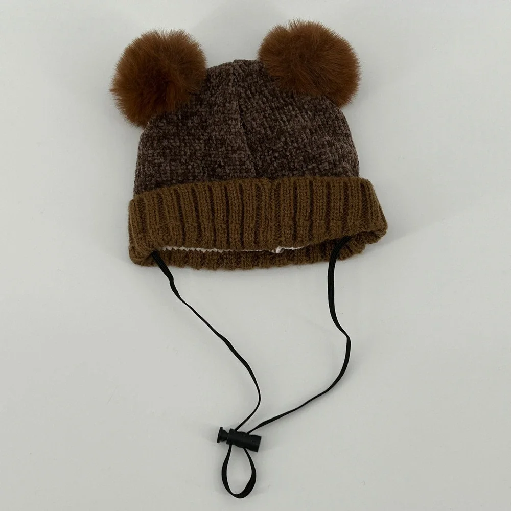 Dog Teddy Bear Winter Hat Brown Pom‎ Pom Beanie Adjustable Chin Strap M/L